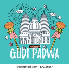 Modern minimal linear vector illustration with Indian temple, copper pot, mango leaves, flower garland, bamboo stick, design elements