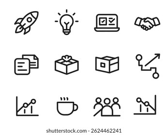 A modern and minimal line-style business startup icon set, featuring essential elements such as rocket launch, ideas, teamwork, growth, and data charts.