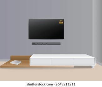Modern and minimal living room with wall-mounted 4K TV. 3d illustration 