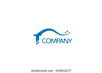 Modern minimal logo design for cleaning company. Cleaning of large buildings in blue tones with the glass cleaning tool consisting of the letter t