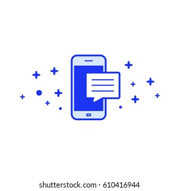 Modern minimal mobile phone with message bubble. Blue color, thin line style