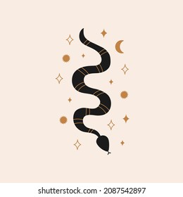 Modern minimal mystical print with a wriggling snake, crescent moon, stars on a pastel background.  Magic vector illustration for spiritual practices of ethnic magic and rites.