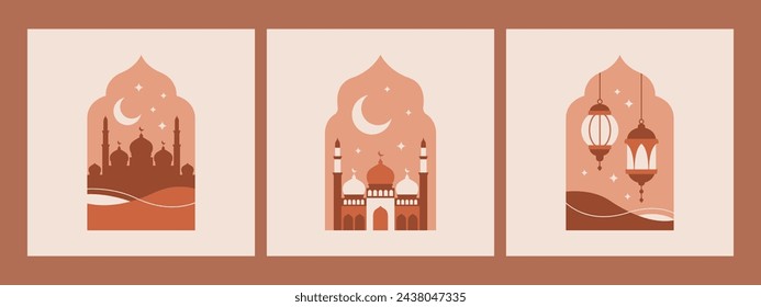 Modernos arcos boho orientales mínimos con mezquita, media luna, faroles. Ventanas del Ramadán Islámico Kareem. Ilustración de vector