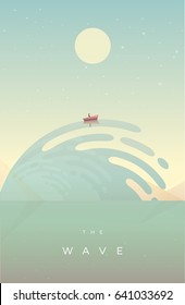 Modern Minimal Poster Concept With Small Fishing Boat Riding A Huge Wave In Retro Style