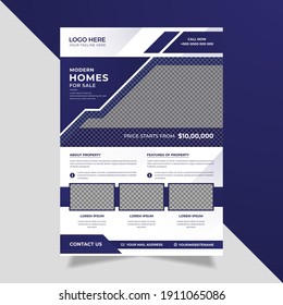 Modern minimal real estate flyer template with blue color abstract shapes on a white background.	