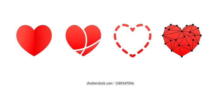 Modern minimal red heart shape icon set isolated on white background.