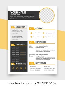 Modern Minimal Resume Cv, Yellow And Black Colors, Elegant Stylish Design, Beautiful Cv Resume Template