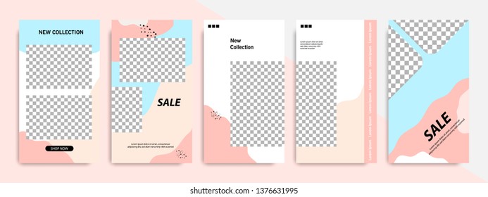Modern minimal square abstract brush shape template in pink, peach and blue flat color. Corporate advertising template for social media stories, story, business banner, flyer, brochure.