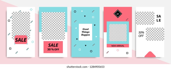 Modern minimal square Memphis shape template in pink, blue, turquoise, black and white color with frame. Business advertising template for social media stories, story, banner, flyer, and brochure. 