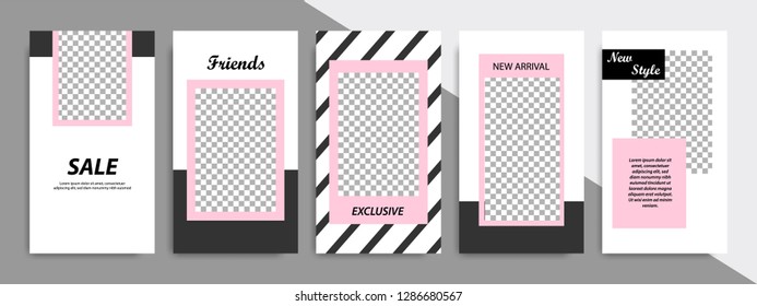 Plantilla de forma de línea de rayas cuadradas de color rosa, negro y blanco con marco. Plantilla publicitaria corporativa para historias, historias, banners, volantes y folletos de medios sociales.