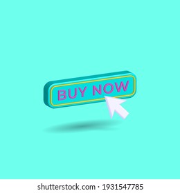 Modern minimal style buy now button with mouse click symbol isolated on turquoise background. Internet shopping concept. Creative 3D effect vector illustration.