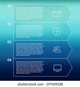 Modern minimal style infographic template layout. Infographics, numbered banner, cutout lines data scheme, graphic or website vector design with icons on blue backdrop. Up down process flow chart. 