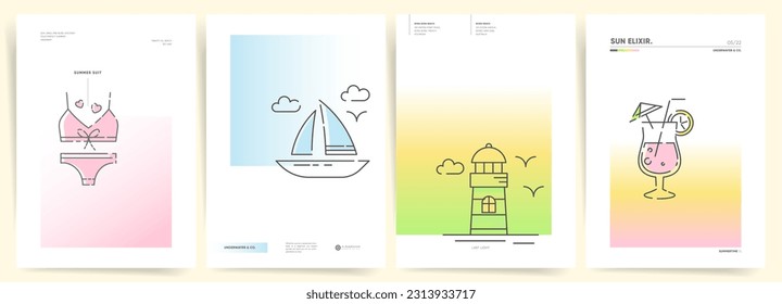 Modern Minimal Summer Design. Gradient Backgrounds with Vacation and Summer Beach Elements - boat, beacon, swimsuit and party cocktails.  Frame pattern for posters, covers, flyer, presentation.