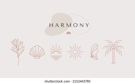 Modern minimal summer linear icon logo template and emblem for social media, vacation rental and travel services.