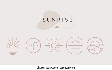 Modern minimal summer logo template with Sunrise linear icon and emblem for social media, accommodation rental and travel services, cafe - Shutterstock ID 2166230963