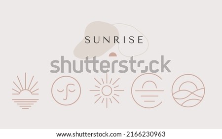 Modern minimal summer logo template with Sunrise linear icon and emblem for social media, accommodation rental and travel services, cafe