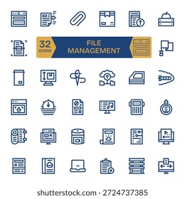 Modernos y mínimos, estos 32 iconos de línea en negrita capturan la gestión de archivos con una geometría precisa.