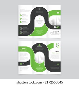 Modern and minimal trifold brochure template with lime green and black colored paths or stripes, trifold flyer layout, pamphlet, leaflet
