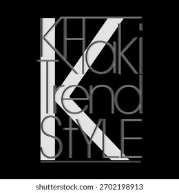 Tipografía minimalista moderna con la frase “Khaki Trend Style” con acentos de línea punteada y un fondo geométrico llamativo. Perfecto para gráficos de moda, estampados de ropa, carteles