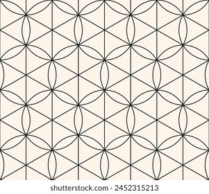 Modern minimal vector geometric seamless pattern with thin lines, hexagons, triangles, circles, grid, lattice. Black and white abstract background. Simple minimalist linear texture. Repeated design