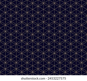 Modern minimal vector geometric seamless pattern with thin lines, hexagons, triangles, circles, grid. Black and gold abstract background. Simple golden luxury linear texture. Repeated geo design