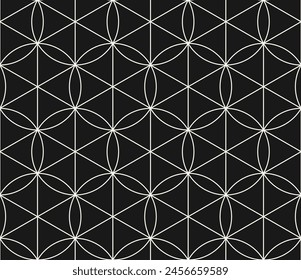 Moderne geometrische nahtlose Vektorgrafik mit schmalen Linien, Sechsecken, Dreiecken, Kreisen, Gittern. Schwarz-weiß abstrakter Hintergrund. Einfache dunkle minimalistische lineare Textur. Wiederholtes Geo-Design