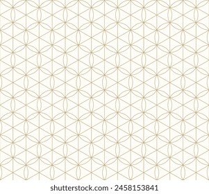 Modern minimal vector geometric seamless pattern with thin lines, hexagons, triangles, circles, grid. White and gold abstract background. Simple golden luxury linear texture. Repeated geo design