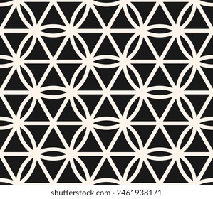 Modern minimal vector geometric seamless pattern with curved lines, hexagons, triangles, circles, lattice, grid. Black and white abstract background. Simple texture in arabesque style. Repeated design
