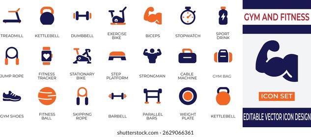 A modern and minimal vector icon set representing various gym and fitness equipment including dumbbells, barbells, treadmill and more. Perfect for fitness apps, workout planners and wellness websites.