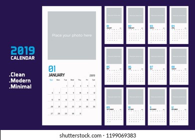 Modern minimal vertical Calendar Planner Template for 2019. Vector design editable template