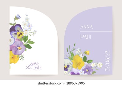 Modern minimal violet floral Art Deco wedding vector Invitation. Botanical watercolor pansy boho card. Flower frame template. Save the Date foliage trendy design, luxury brochure, poster