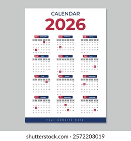 Modern and minimal wall calendar design template 2026 red and blue, Office calendar layout 2026, Week Starts on sunday, Template for annual calendar 2026, Calendar vector template
