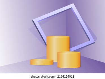 modern minimalism empty podium stage for product display showcase template. geometrical 3D blue purple box and cylinder with frame and soft lighting.