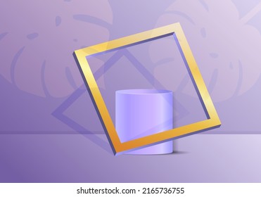 estadio de podio vacío de minimalismo moderno para la plantilla de vitrina de presentación de productos. caja y cilindro geométrico 3D azul púrpura con marco e iluminación suave.
