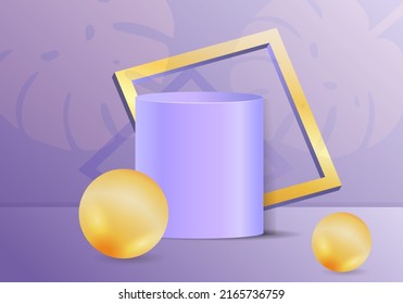 modern minimalism empty podium stage for product display showcase template. geometrical 3D blue purple box and cylinder with frame and soft lighting.