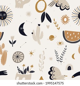 modern minimalism style in bed colors. signs and symbols of space, beautiful women goddesses, boho style elements. printing on clothes, paper and postcards