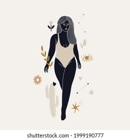 modern minimalism style in bed colors. signs and symbols of space, beautiful women goddesses, boho style elements. printing on clothes, paper and postcards