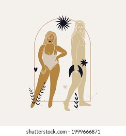 modern minimalism style in bed colors. signs and symbols of space, beautiful women goddesses, boho style elements. printing on clothes, paper and postcards