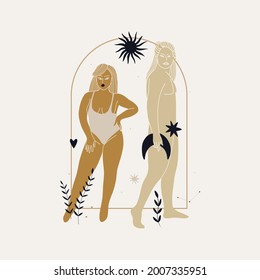 modern minimalism style in bed colors. signs and symbols of space, beautiful women goddesses, boho style elements. printing on clothes, paper and postcards