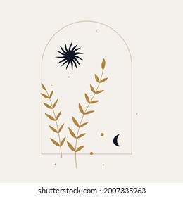 modern minimalism style in bed colors. signs and symbols of space, beautiful women goddesses, boho style elements. printing on clothes, paper and postcards