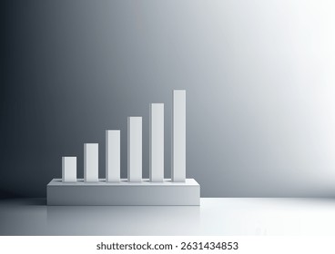 Gráfico de barras 3d minimalista moderno com uma tendência ascendente em uma plataforma branca e fundo de gradiente cinza, conceitos de crescimento de negócios, apresentações financeiras, visualização de dados em relatórios corporativos