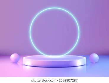 modern and minimalist 3d product display featuring a glowing cyan ring, pastel purple and blue tones, and soft pink platform, perfect for futuristic mockups and creative projects