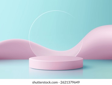 modern minimalist 3d round pink podium on a light blue reflective surface with soft wavy forms, ideal for product display, mockup, or showroom presentation in a clean contemporary style