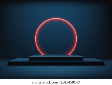 modern minimalist 3d showcase featuring a luminous red neon ring floating above a dark blue pedestal, perfect for technology concepts, product displays, and futuristic mockups