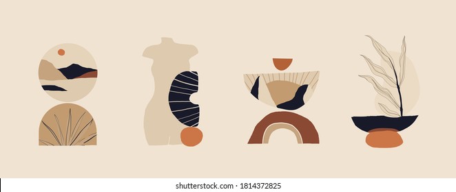 Modern minimalist abstract aesthetic illustrations. Bohemian style wall decor. Collection of contemporary artistic prints. 