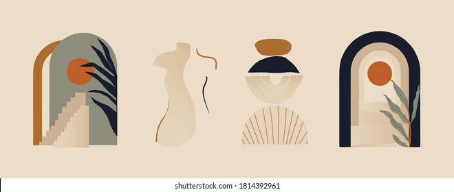 Modern minimalist abstract aesthetic illustrations. Bohemian style wall decor. Collection of contemporary artistic prints. 