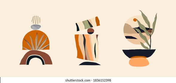 Modern minimalist abstract aesthetic illustrations. Bohemian style wall decor. Collection of contemporary artistic posters. 