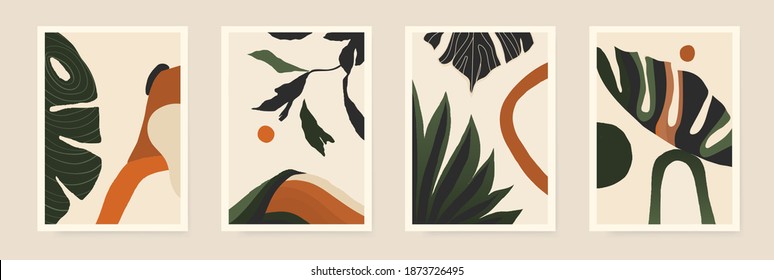 Modern minimalist abstract aesthetic illustrations with plants. Contemporary wall decor. Collection of creative artistic posters. 