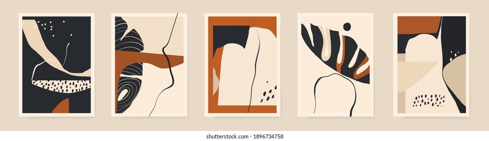 Modern minimalist abstract aesthetic illustrations with plants. Contemporary wall decor. Collection of creative artistic posters. 