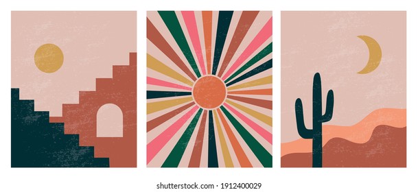 Modern minimalist abstract aesthetic illustrations. Bohemian style wall decor. Collection of contemporary artistic posters